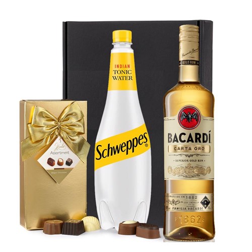Bacardi Carta Oro Superior Gold Rum with Schweppes Tonic & Chocolates Gift Box | Spirit Mixer Set